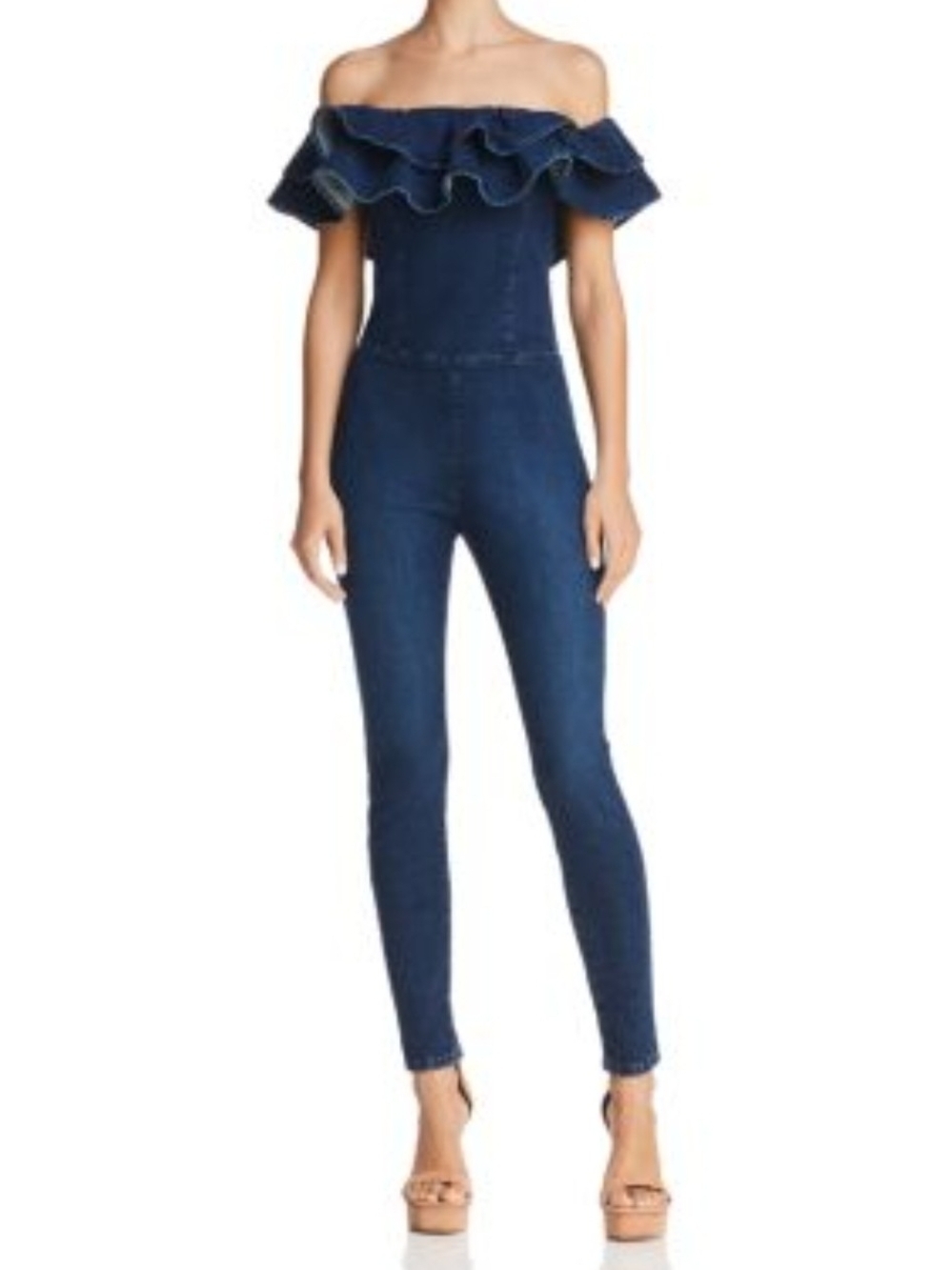 A'gaci Off-Shoulder Ruffle Denim Jumpsuit - Dark Blue Size S